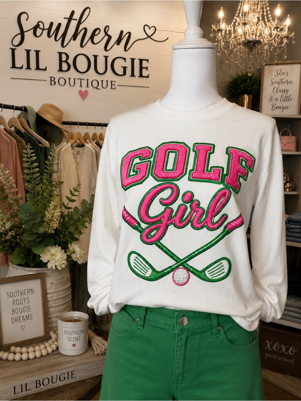 Gildan White 'Golf Girl' Long Sleeve Tee with Pink and Green Graphic